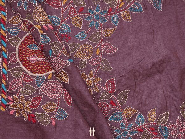 Embroidered Design Plum Brown Tussar Silk Blouse Material