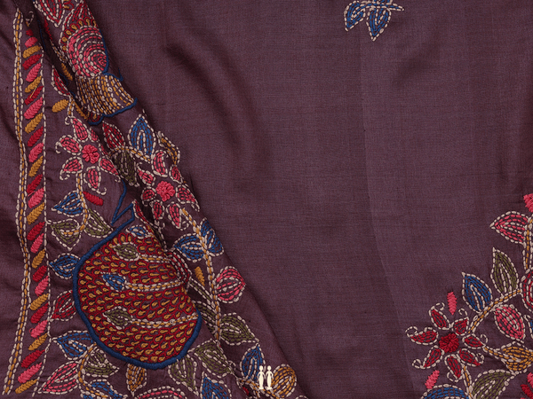 Embroidered Design Plum Brown Tussar Silk Blouse Material