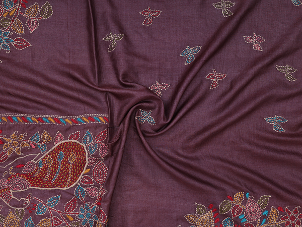 Embroidered Design Plum Brown Tussar Silk Blouse Material