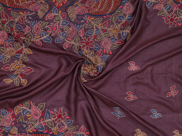 Embroidered Design Plum Brown Tussar Silk Blouse Material