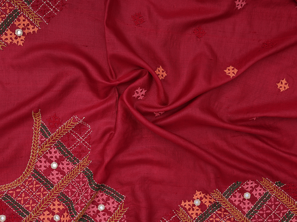 Embroidered Design Red Tussar Silk Blouse Material