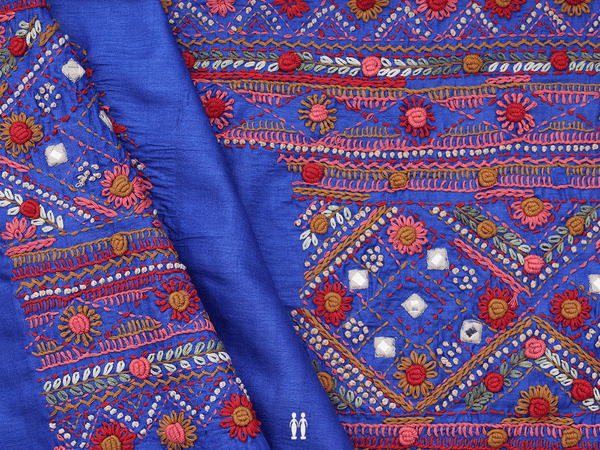 Embroidered Design Royal Blue Tussar Silk Blouse Material