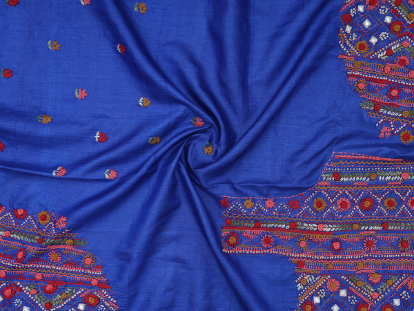 Embroidered Design Royal Blue Tussar Silk Blouse Material