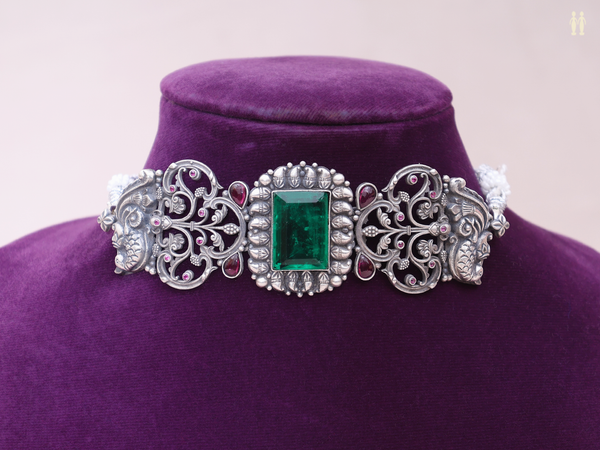 Emerald Stone Oxidized Pure Silver Choker