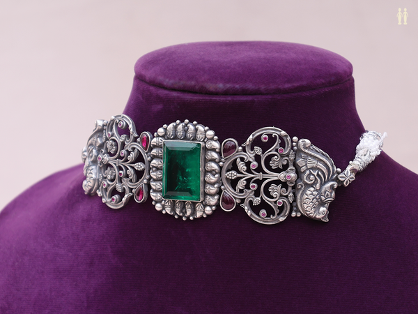 Emerald Stone Oxidized Pure Silver Choker