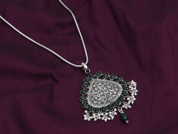 Emerald Stone With Beads Pure Silver Pendant