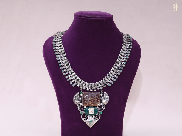 Emerald Stone With Oxidized Pure Silver Necklace