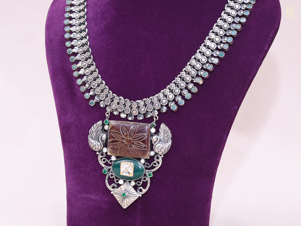 Emerald Stone With Oxidized Pure Silver Necklace