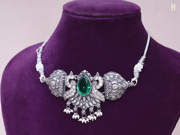Emerald Stone With Peacock Design Oxidized Pure Silver Choker
