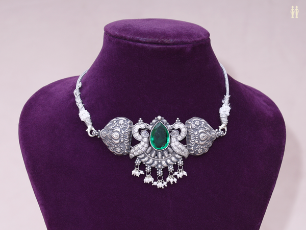 Emerald Stone With Peacock Design Oxidized Pure Silver Choker