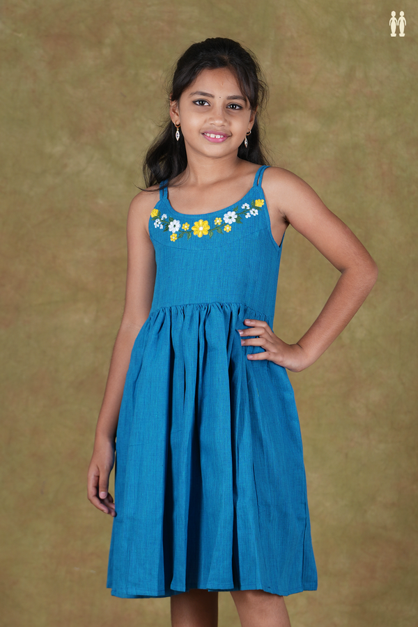 Round Neck Embroidered Blue Cotton Frock
