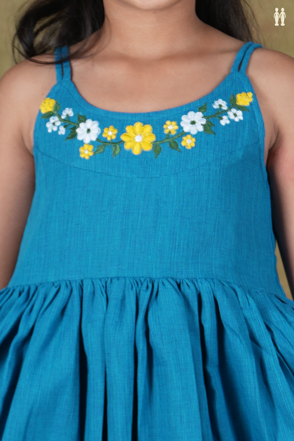 Round Neck Embroidered Blue Cotton Frock