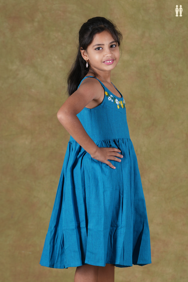 Round Neck Embroidered Blue Cotton Frock