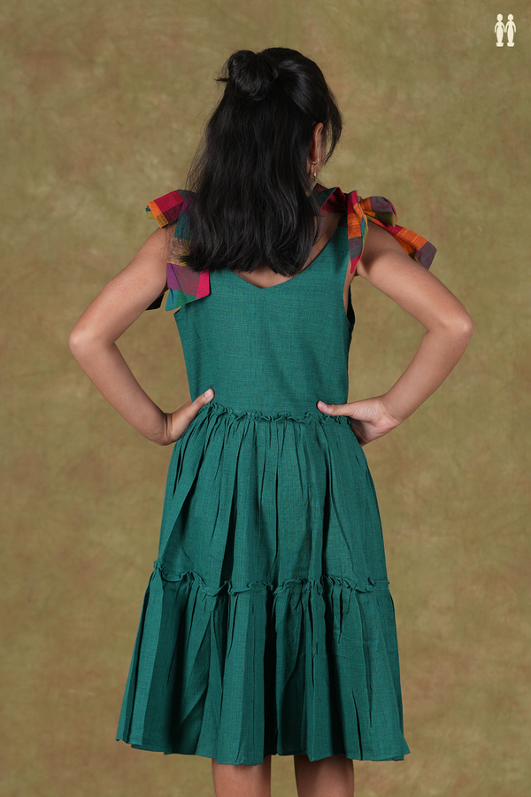 V-Neck Plain Pine Green Cotton Frock