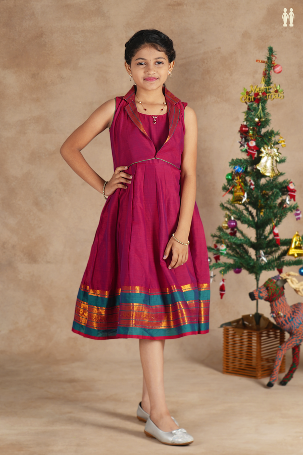 Round Neck Plain Berry Purple Silk Cotton Frock