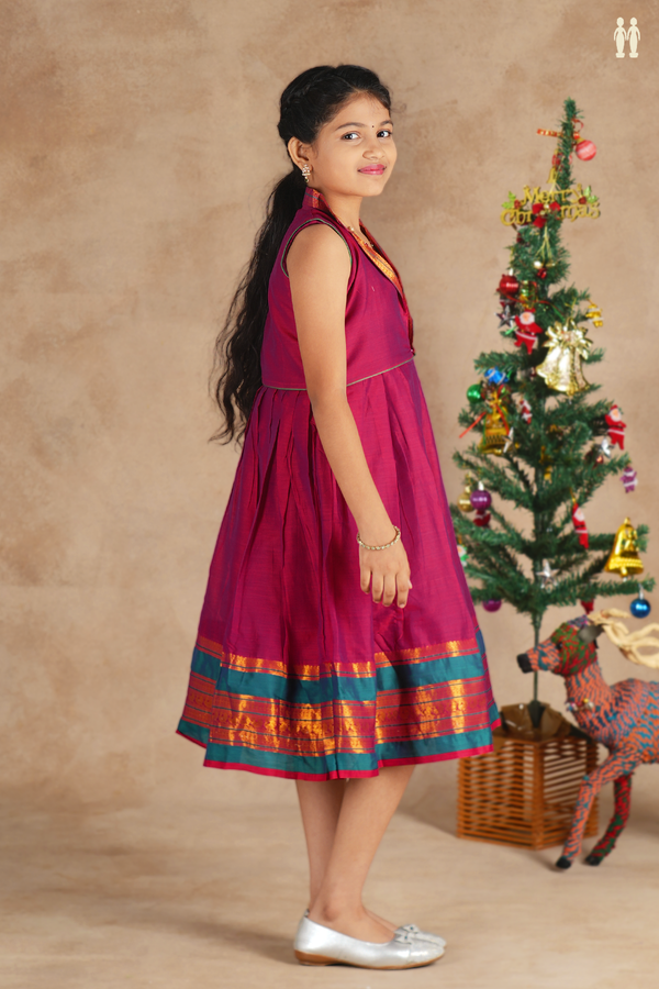 Round Neck Plain Berry Purple Silk Cotton Frock