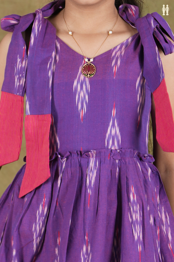 V- Neck Ikat Design Shoulder Tie Up Purple Cotton Frock