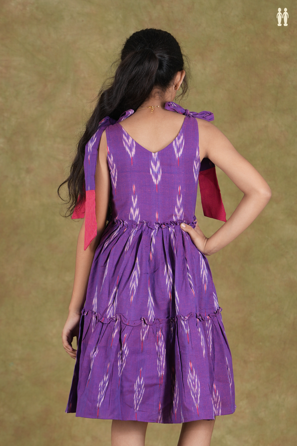V- Neck Ikat Design Shoulder Tie Up Purple Cotton Frock