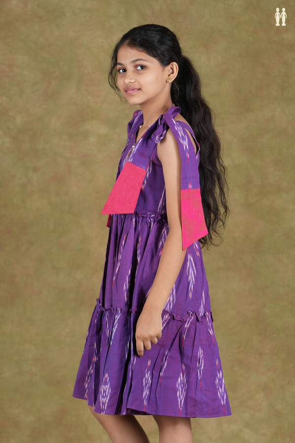 V- Neck Ikat Design Shoulder Tie Up Purple Cotton Frock