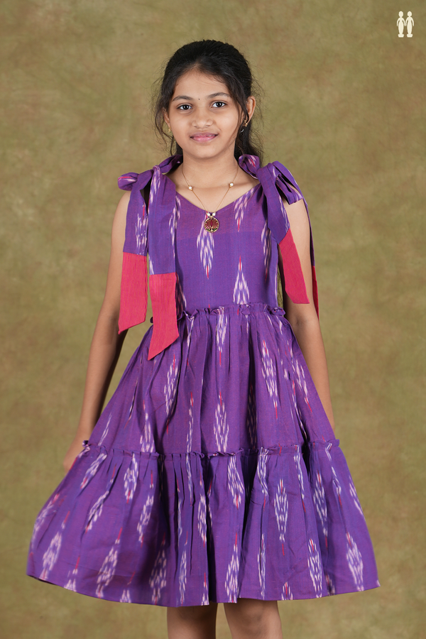 V- Neck Ikat Design Shoulder Tie Up Purple Cotton Frock