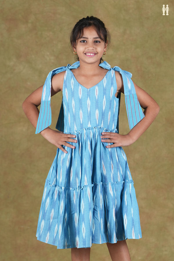 Shoulder Tie Design Ikat Design Blue Cotton Frock