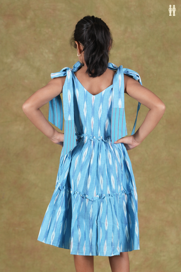 Shoulder Tie Design Ikat Design Blue Cotton Frock