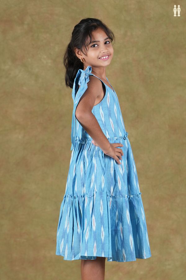 Shoulder Tie Design Ikat Design Blue Cotton Frock