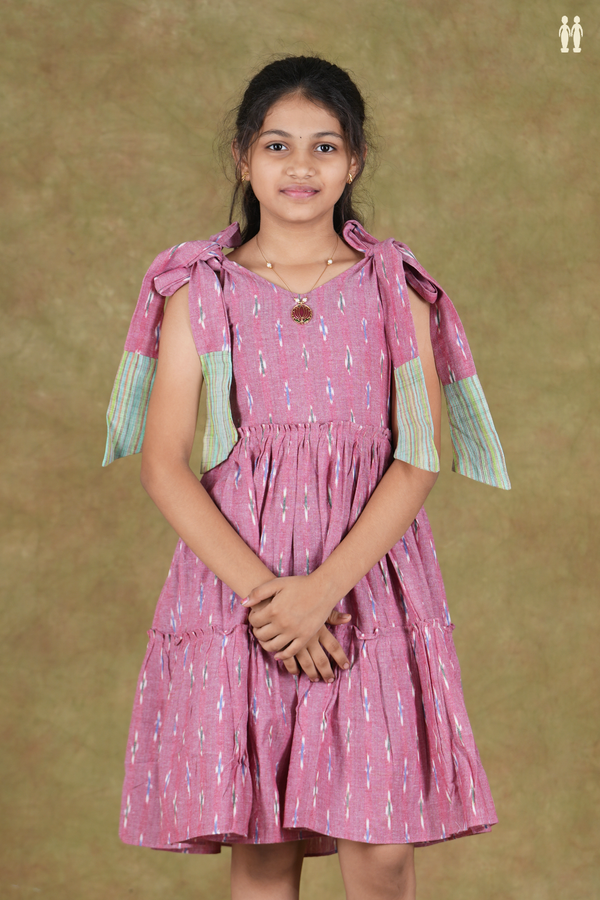 V- Neck Ikat Design Shoulder Tie Up Mulberry Cotton Frock
