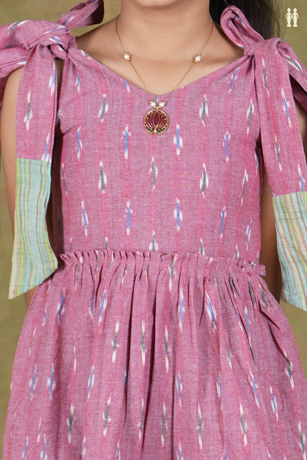 V- Neck Ikat Design Shoulder Tie Up Mulberry Cotton Frock