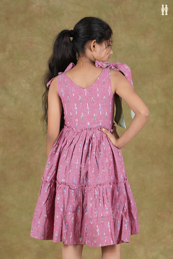 V- Neck Ikat Design Shoulder Tie Up Mulberry Cotton Frock