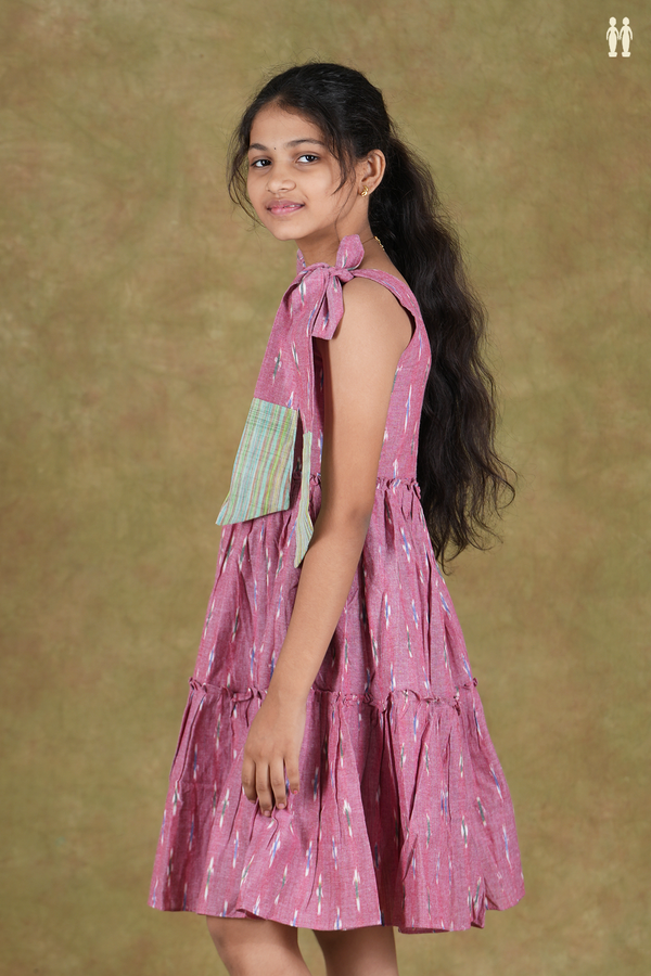 V- Neck Ikat Design Shoulder Tie Up Mulberry Cotton Frock