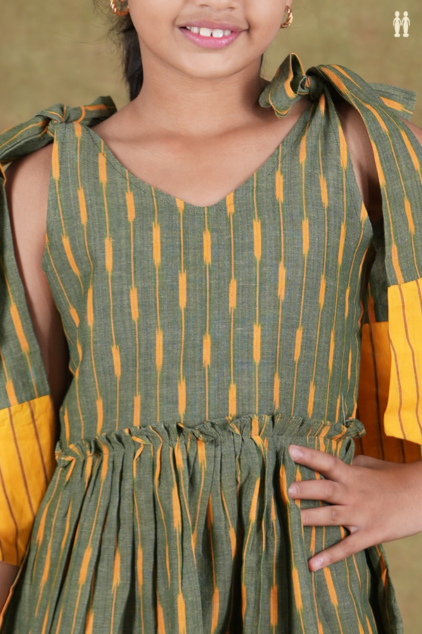 V- Neck Ikat Design Shoulder Tie Up Green Cotton Frock