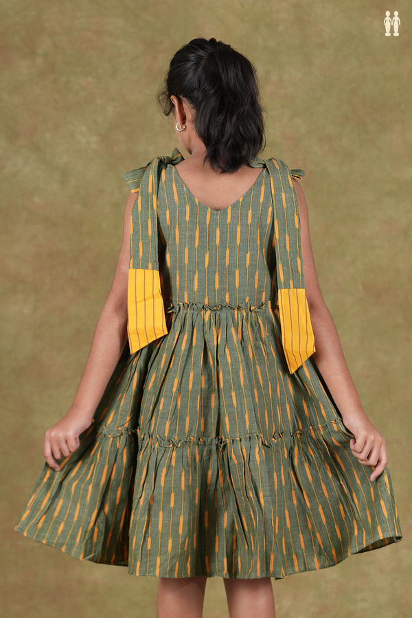 V- Neck Ikat Design Shoulder Tie Up Green Cotton Frock