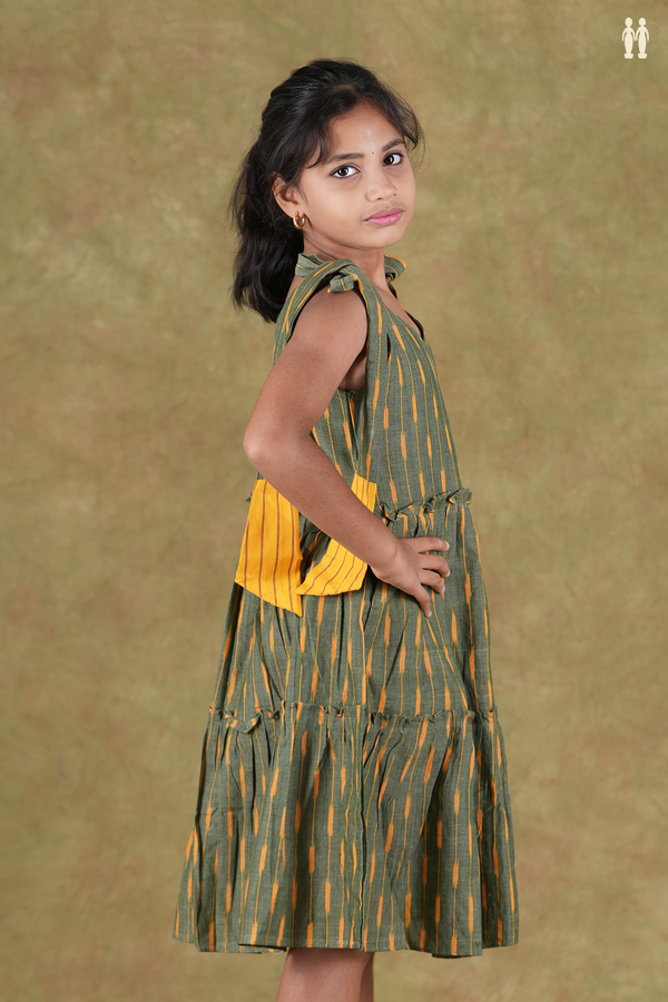 V- Neck Ikat Design Shoulder Tie Up Green Cotton Frock