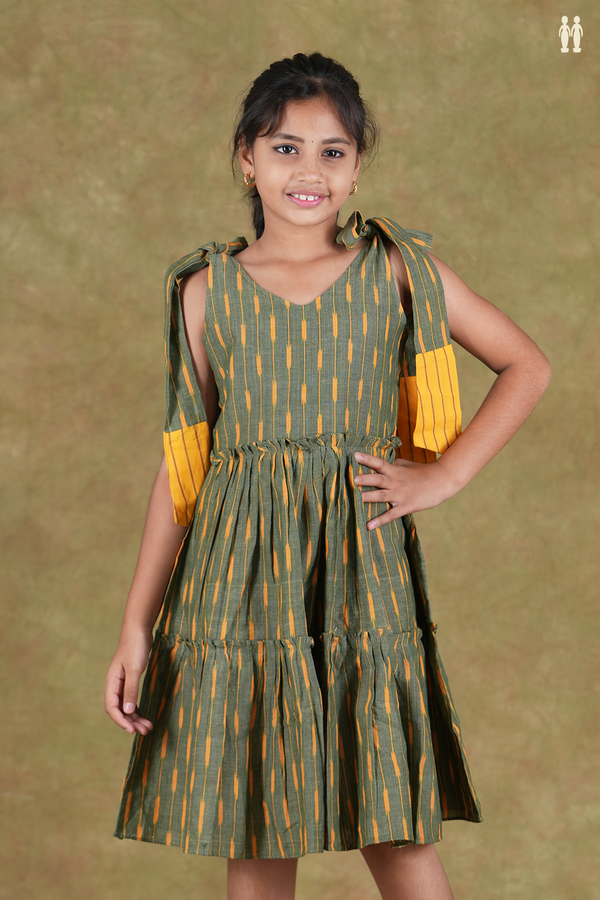 V- Neck Ikat Design Shoulder Tie Up Green Cotton Frock