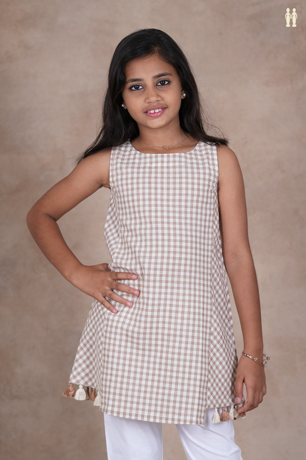 Round Neck Checks Design Brown And White Cotton Frock