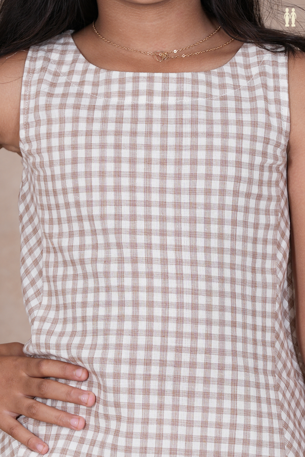 Round Neck Checks Design Brown And White Cotton Frock