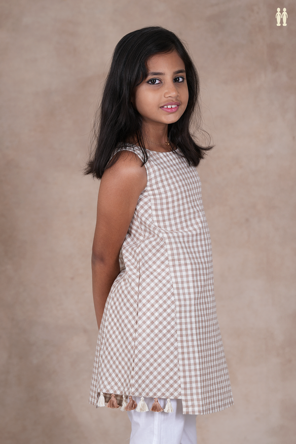 Round Neck Checks Design Brown And White Cotton Frock