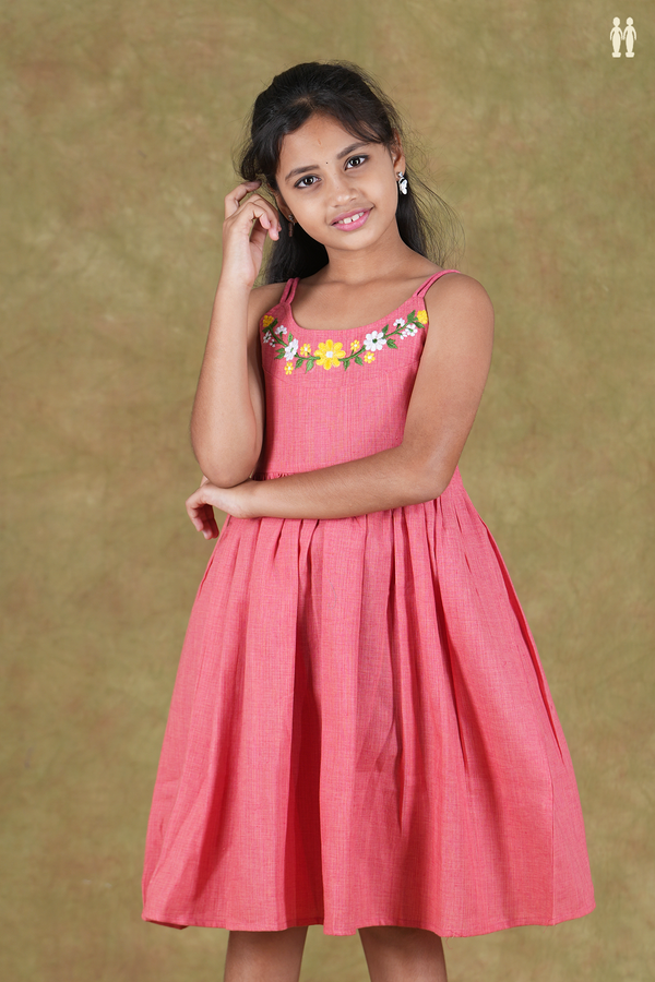 Round Neck Threadwork Pink Cotton Frock
