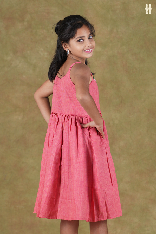 Round Neck Threadwork Pink Cotton Frock