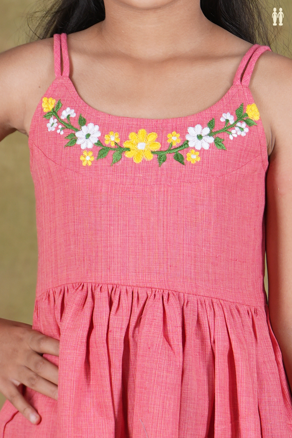 Round Neck Threadwork Pink Cotton Frock