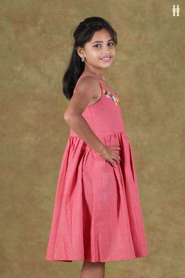 Round Neck Threadwork Pink Cotton Frock