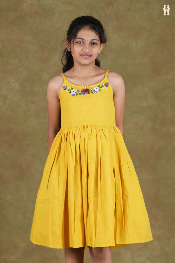 Round Neck Embroidered Yellow Cotton Frock