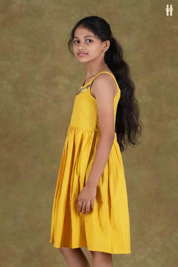 Round Neck Embroidered Yellow Cotton Frock