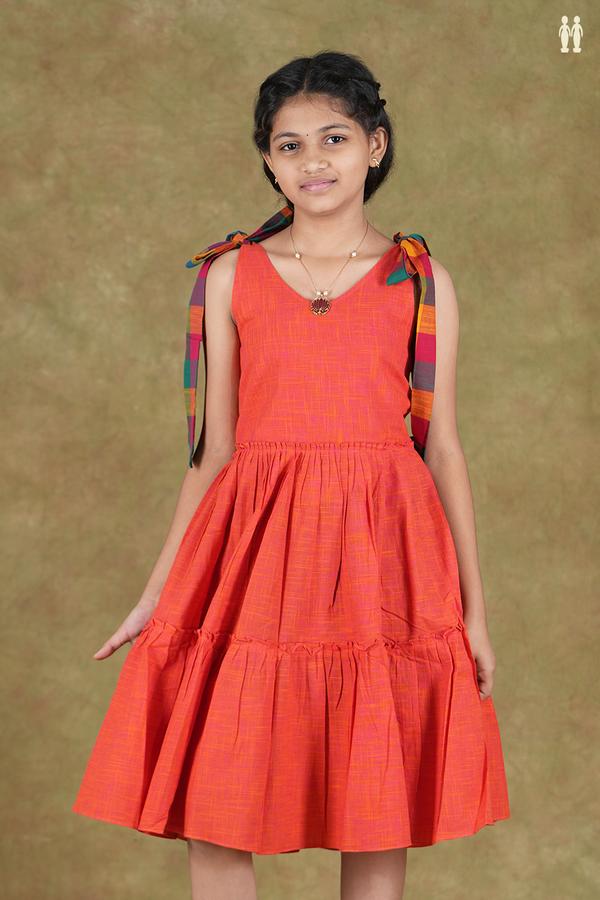 V-Neck Plain Coral Orange Cotton Frock