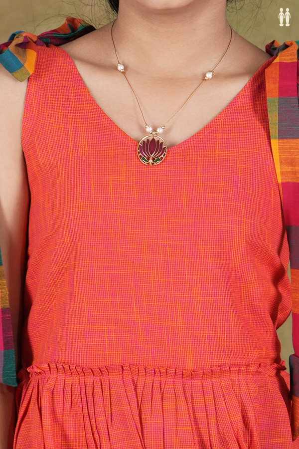 V-Neck Plain Coral Orange Cotton Frock