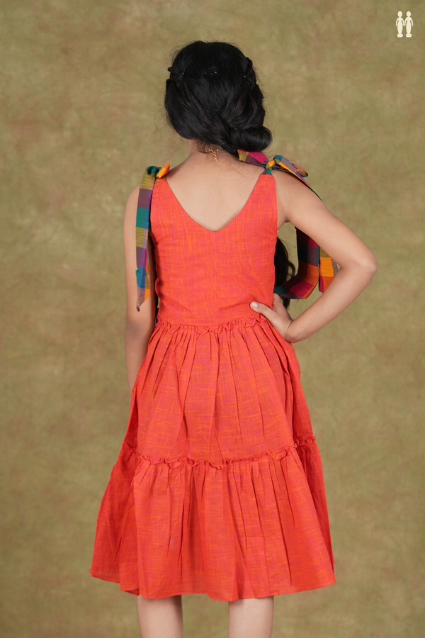 V-Neck Plain Coral Orange Cotton Frock