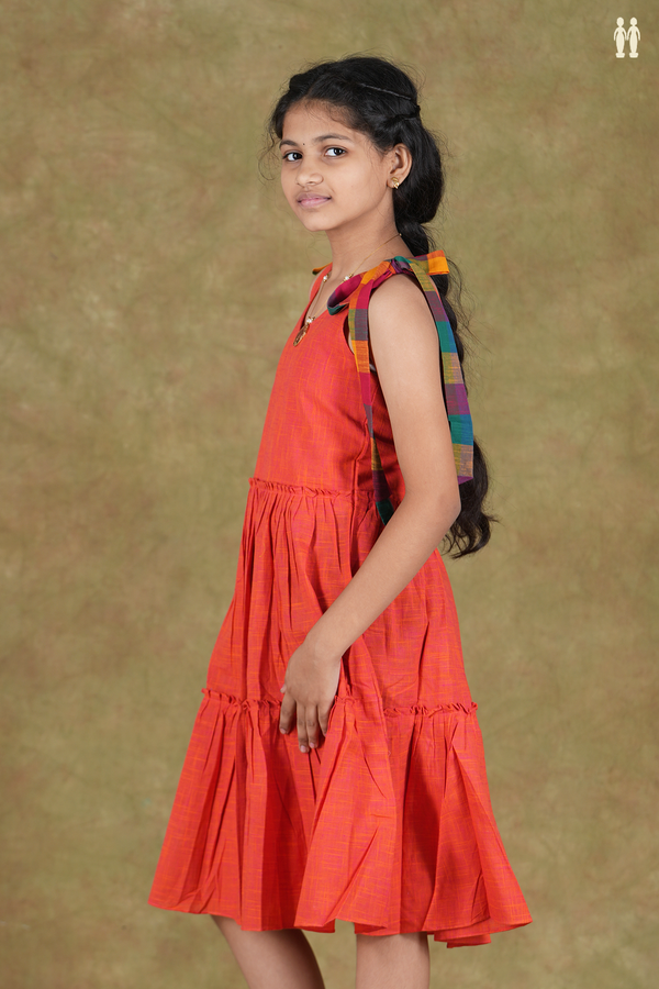 V-Neck Plain Coral Orange Cotton Frock