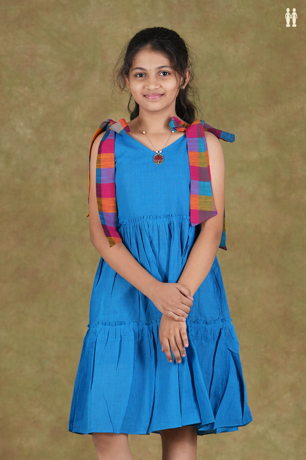 Shoulder Tie Design Blue Cotton Frock