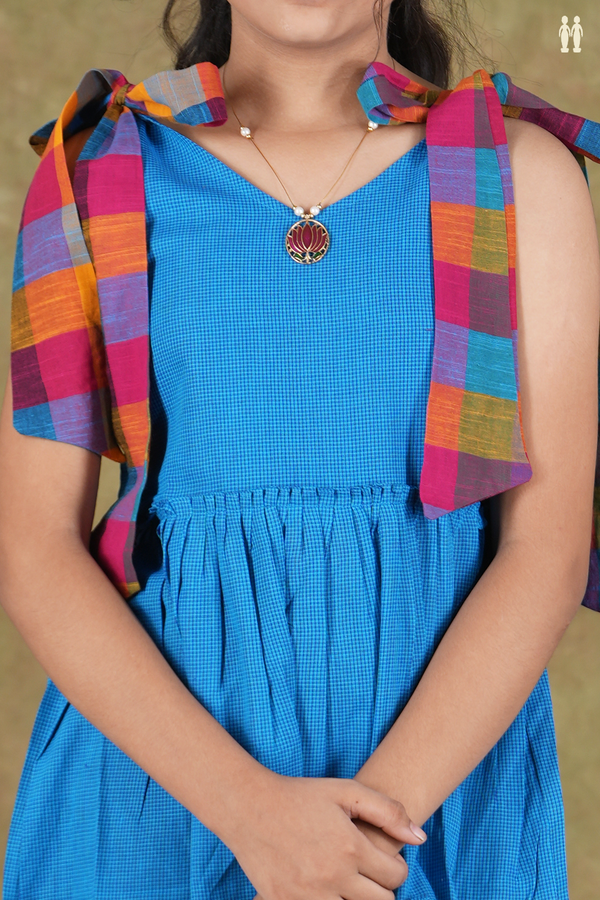 Shoulder Tie Design Blue Cotton Frock